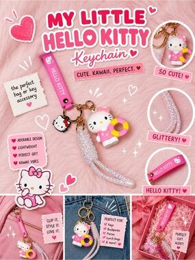 Hello Kitty Keychain Pink Kawaii Charm Wristlet Glitter  Cute Bag Accessory Gift